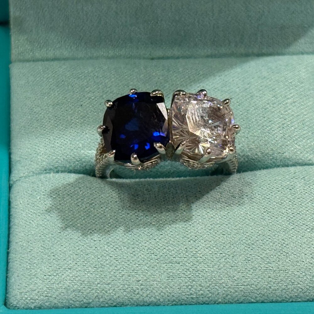 Two Stone Cushion Cut Lab-Created Sapphire Sterling Silver Ring